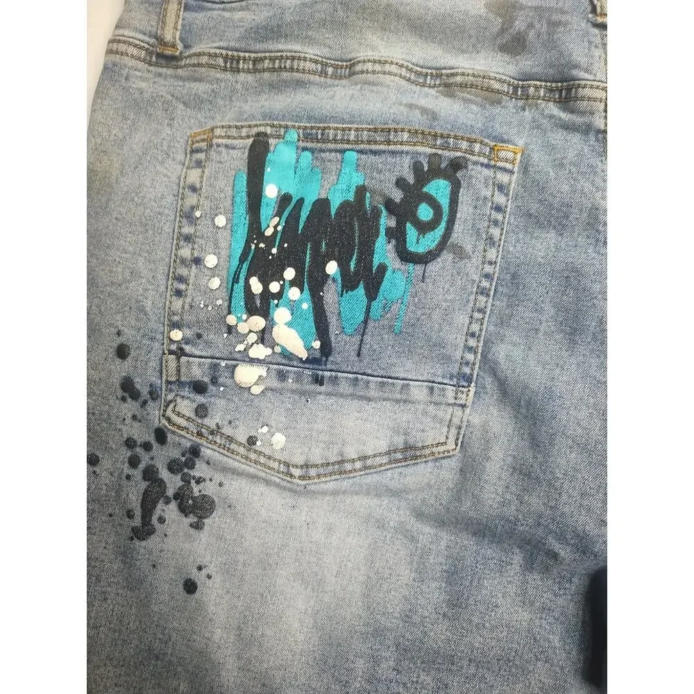 🔥 Rutherford • Distressed Graffiti Denim Slim Fit Blue Jeans Shorts • Men’s 38